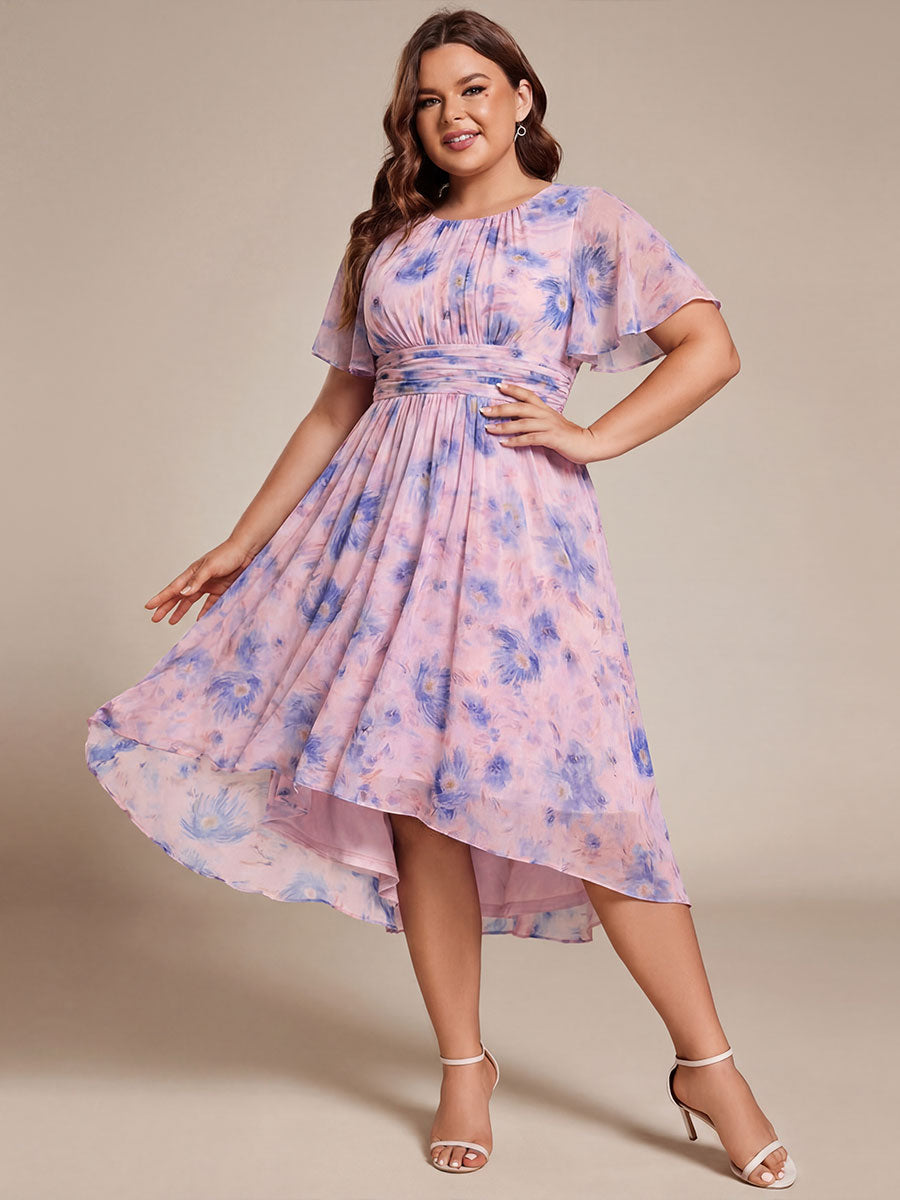 Plus Size Pleated Round Neckline A-Line Midi Chiffon Wedding Guest Dress #color_Azure Bream