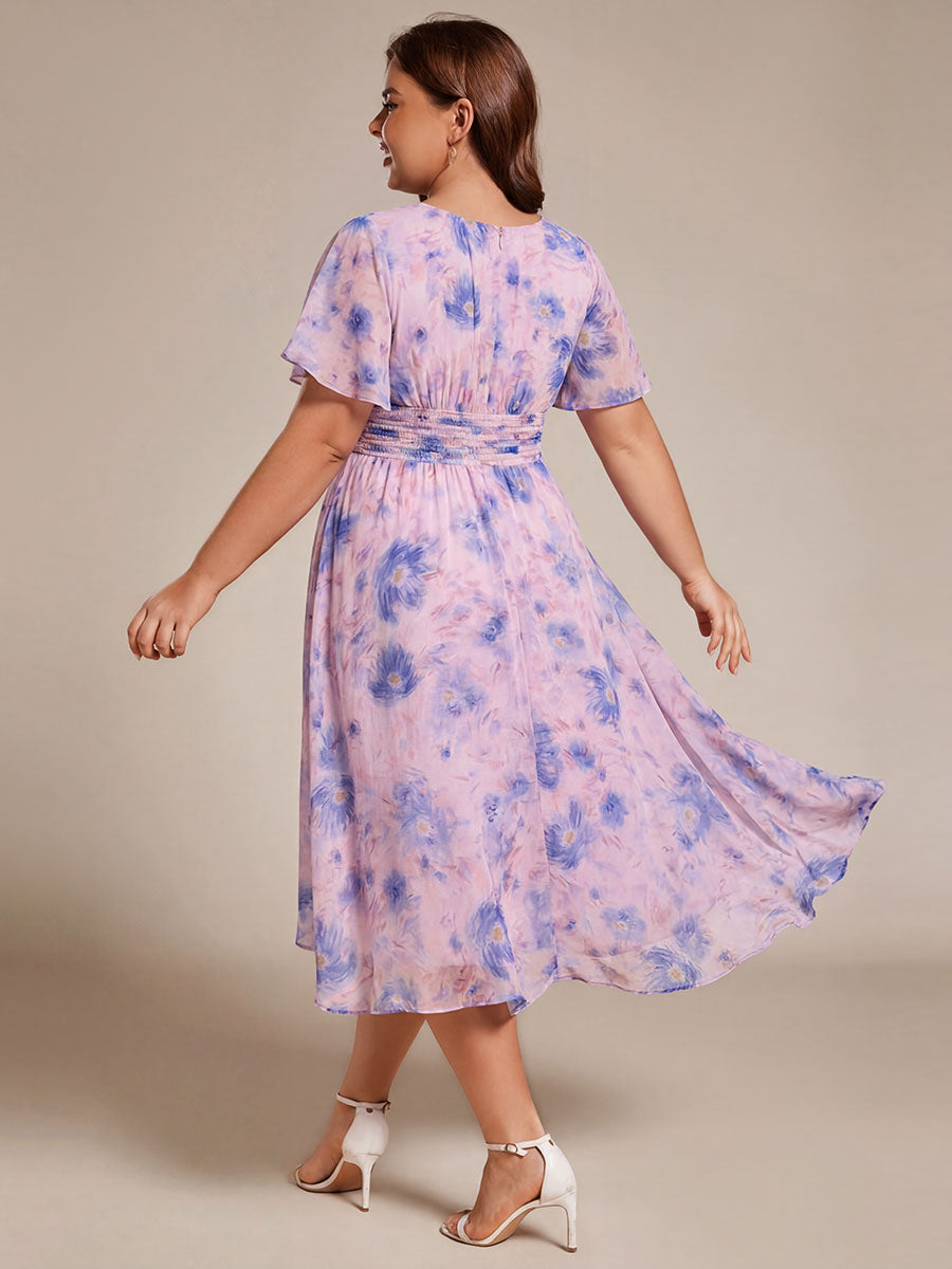 Plus Size Pleated Round Neckline A-Line Midi Chiffon Wedding Guest Dress #color_Azure Bream
