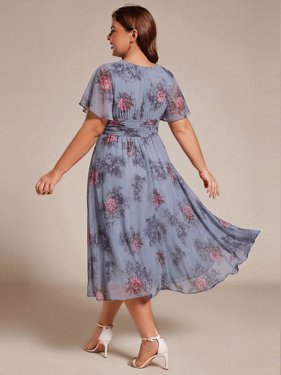 Plus Size Pleated Round Neckline A-Line Midi Chiffon Wedding Guest Dress #color_Dusty Peony