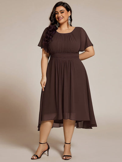 Plus Size Pleated Round Neckline A-Line Midi Chiffon Wedding Guest Dress #color_Espresso