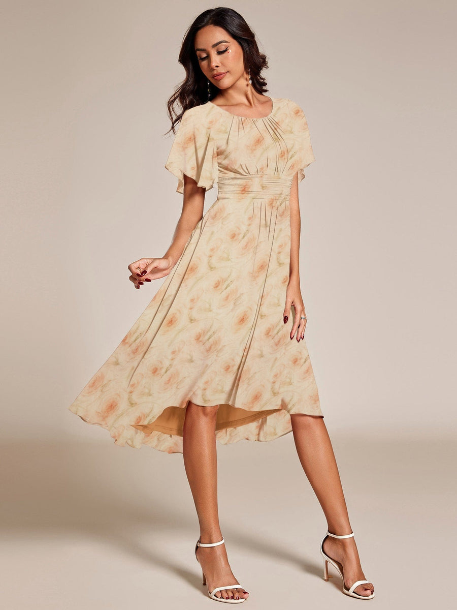 Chic A-Line Pleated Knee-Length Flowy Chiffon Wedding Guest Dress #color_Golden Roses