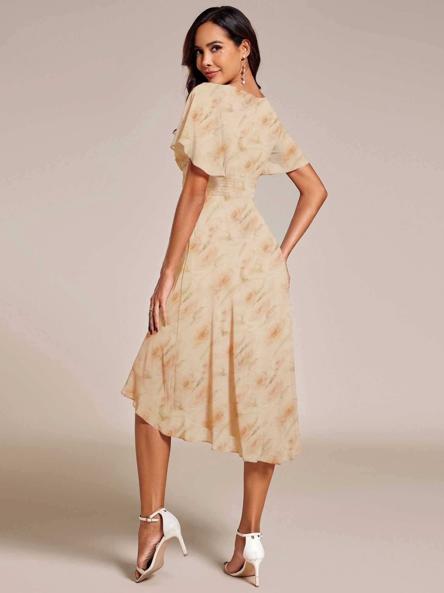 Chic A-Line Pleated Knee-Length Flowy Chiffon Wedding Guest Dress #color_Golden Roses