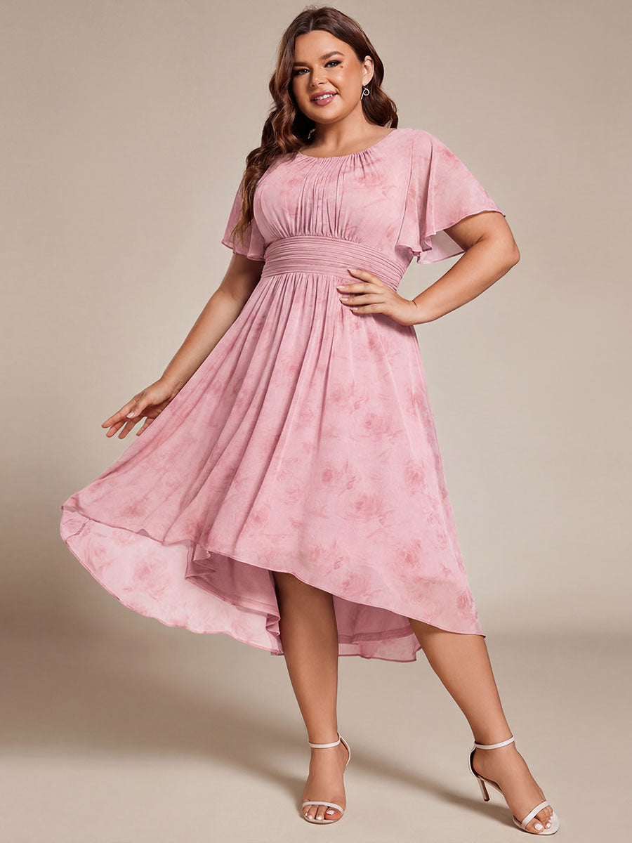 Plus Size Pleated Round Neckline A-Line Midi Chiffon Wedding Guest Dress #color_Light Purple Roses
