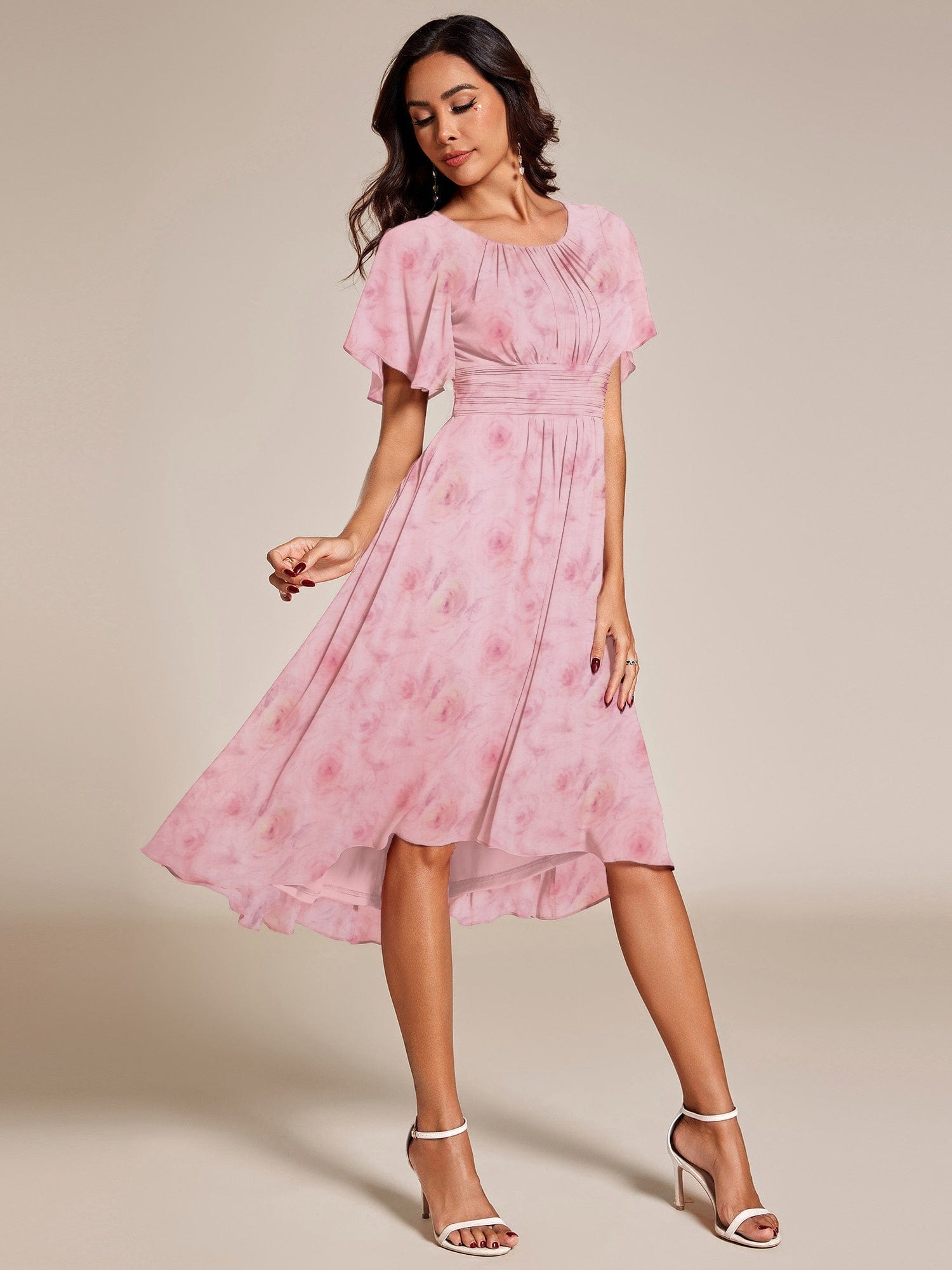 Chic A-Line Pleated Knee-Length Flowy Chiffon Wedding Guest Dress #color_Light Purple Roses