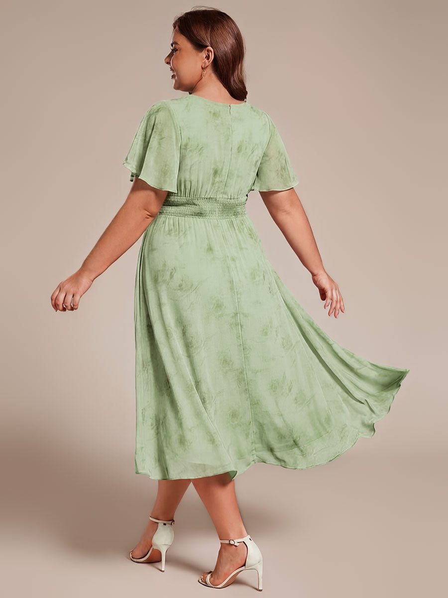 Plus Size Pleated Round Neckline A-Line Midi Chiffon Wedding Guest Dress #color_Light Green Roses