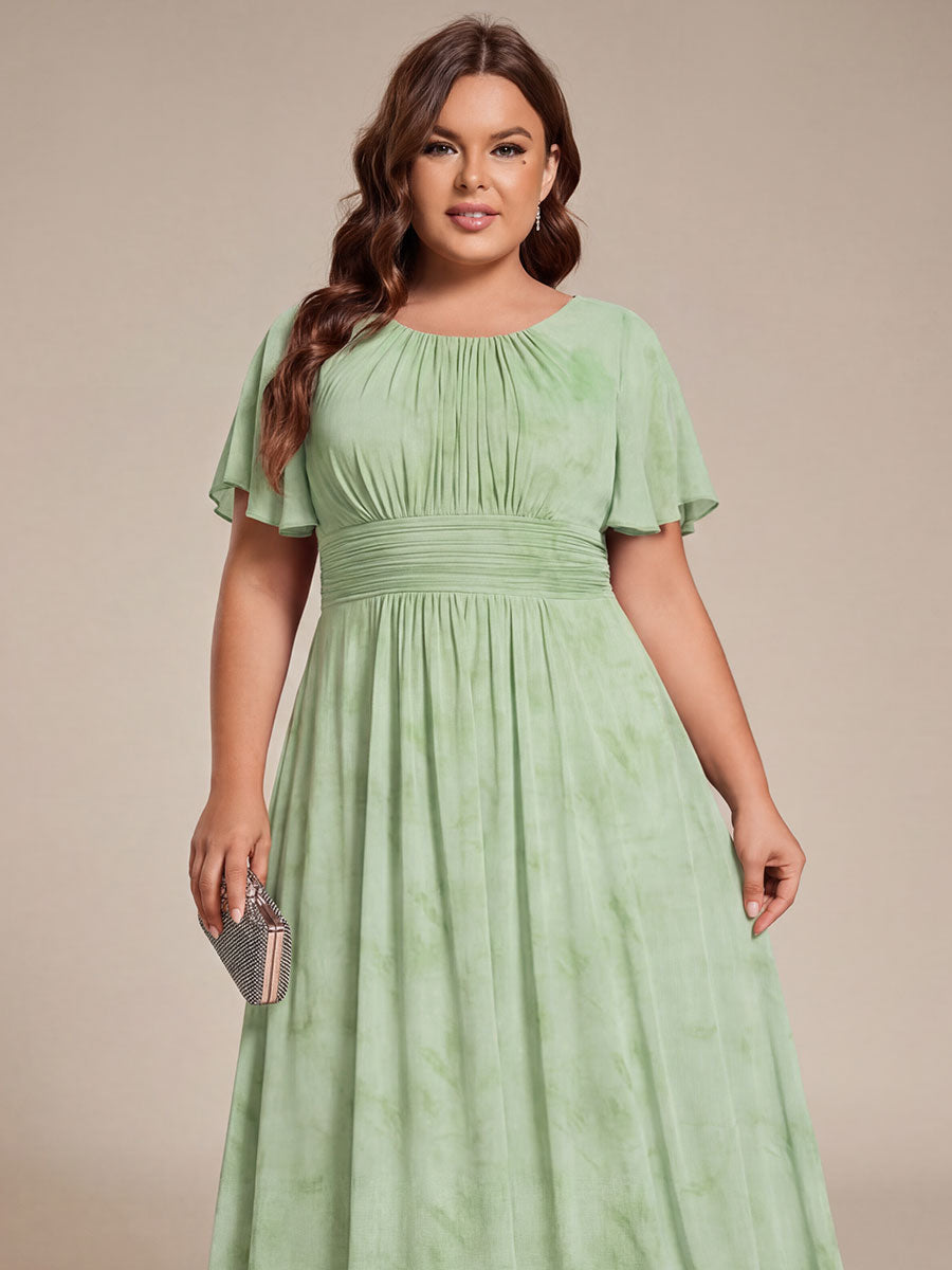 Plus Size Pleated Round Neckline A-Line Midi Chiffon Wedding Guest Dress #color_Light Green Roses