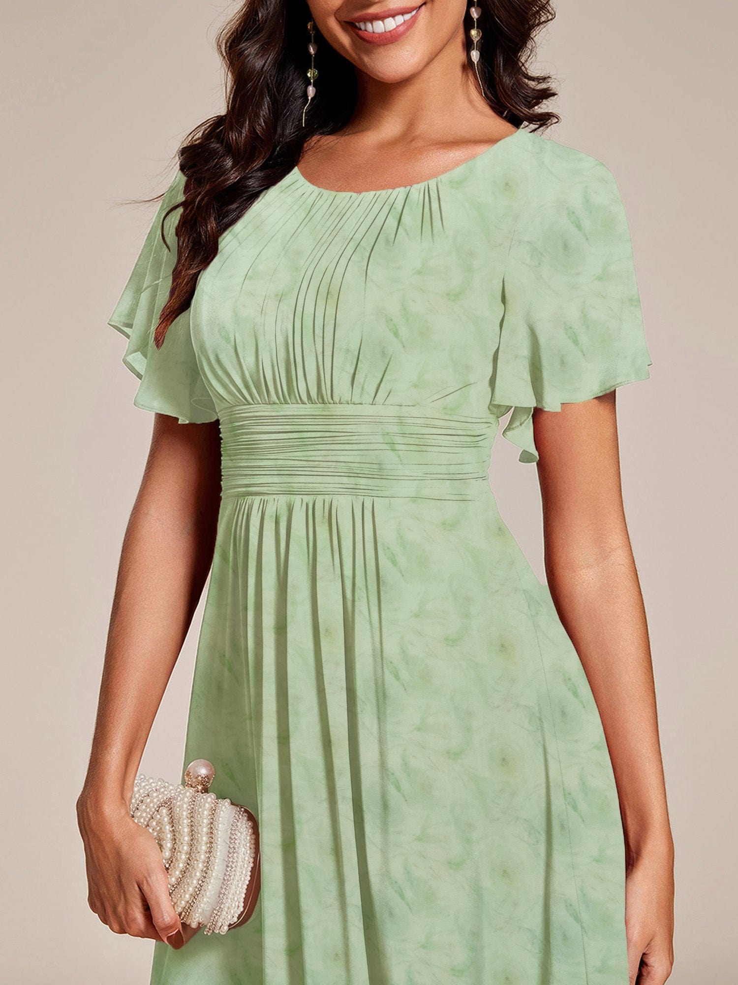 Chic A-Line Pleated Knee-Length Flowy Chiffon Wedding Guest Dress #color_Light Green Roses