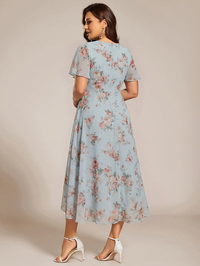 Plus Size Chiffon Short Sleeves Pleated V-Neck A-Line Midi Wedding Guest Dress #color_Amber Bloom
