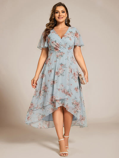 Plus Size Chiffon Short Sleeves Pleated V-Neck A-Line Midi Wedding Guest Dress #color_Amber Bloom