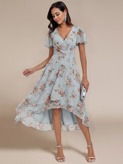 Deep V-Neck Chiffon Ruffle Sleeve Wedding Guest Dress #color_Amber Bloom