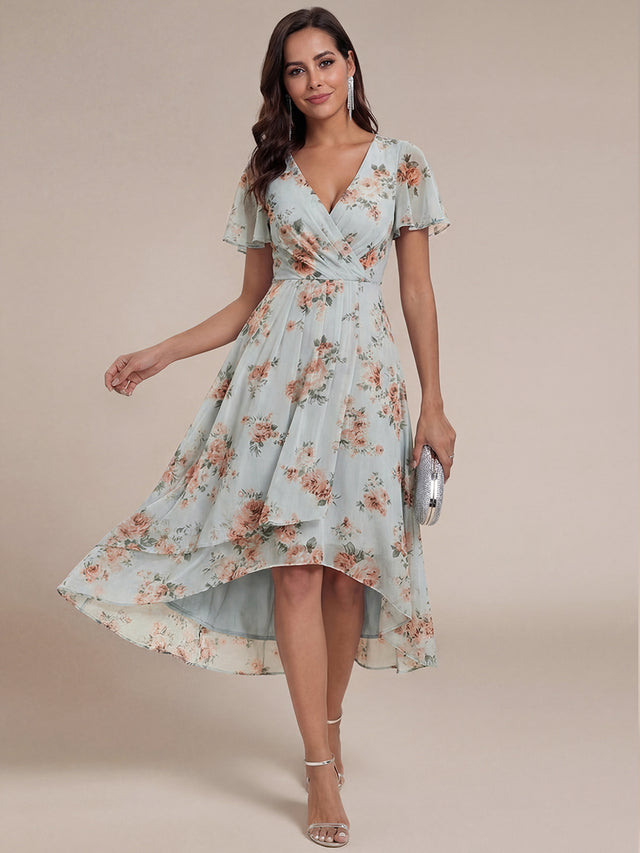 Deep V-Neck Chiffon Ruffle Sleeve Wedding Guest Dress