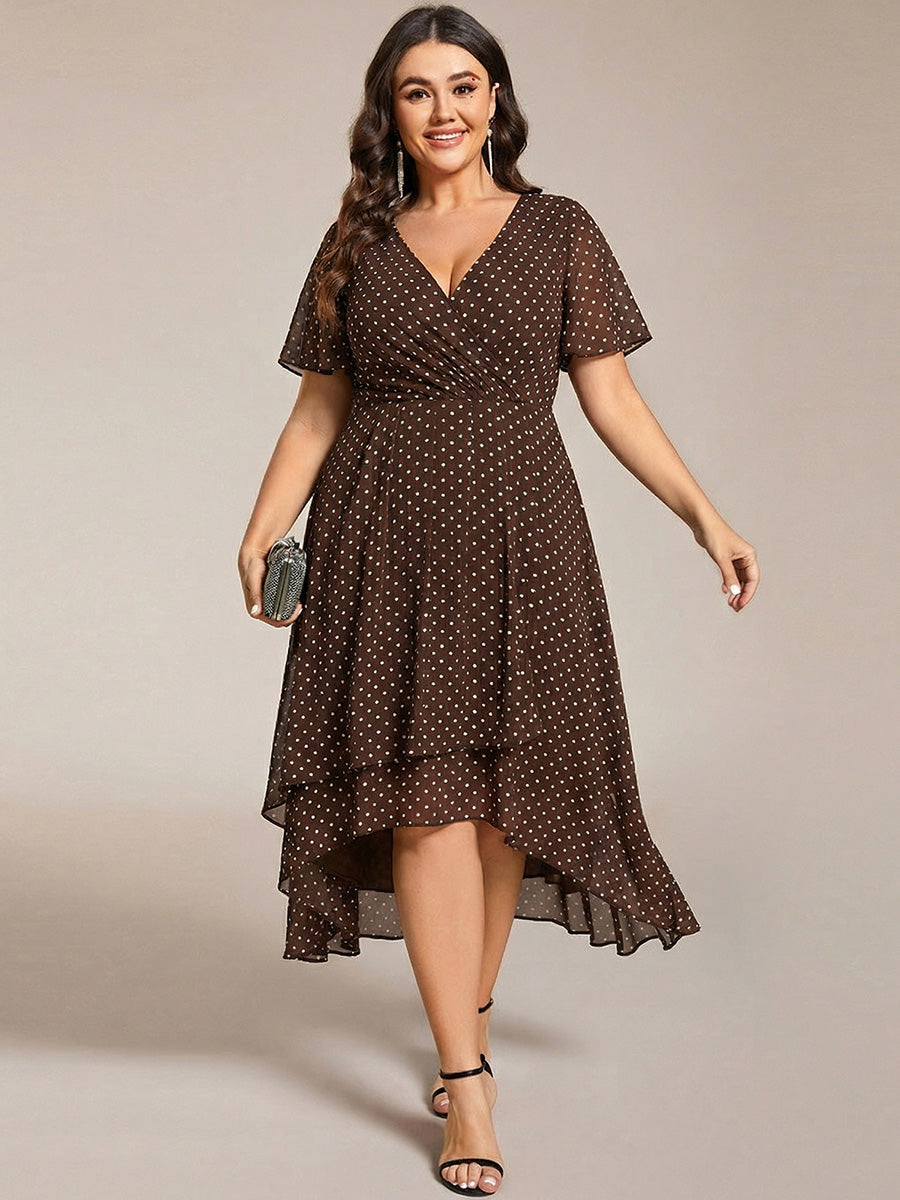 Deep V-Neck Chiffon Ruffle Sleeve Wedding Guest Dress #color_Brown Polka Dots