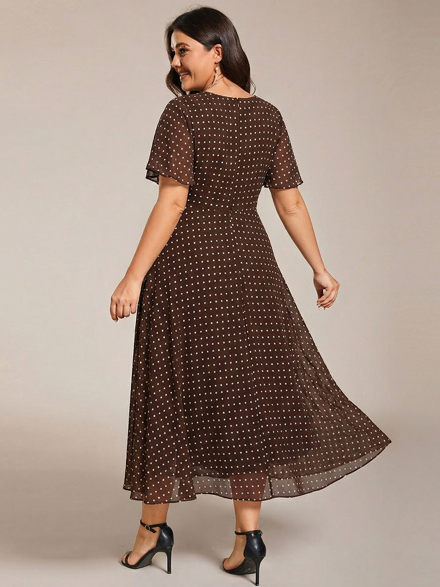 Deep V-Neck Chiffon Ruffle Sleeve Wedding Guest Dress #color_Brown Polka Dots