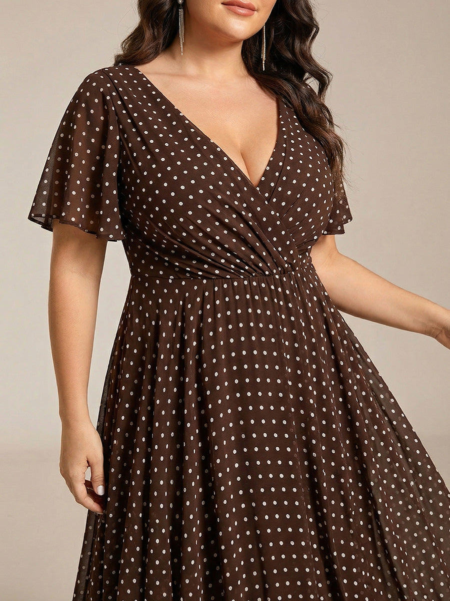 Plus Size Chiffon Short Sleeves Pleated V-Neck A-Line Midi Wedding Guest Dress #color_Brown Polka Dots