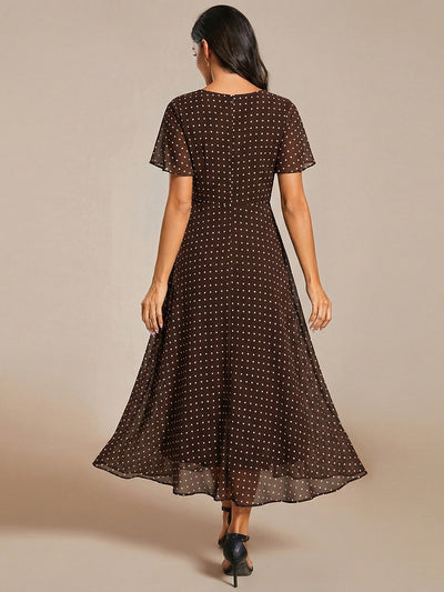Deep V-Neck Chiffon Ruffle Sleeve Wedding Guest Dress #color_Brown Polka Dots