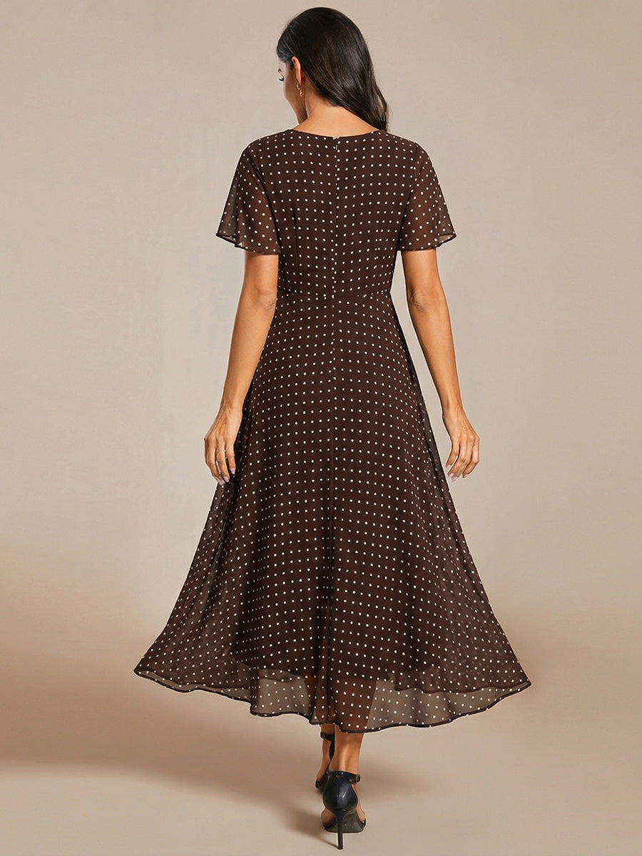 Deep V-Neck Chiffon Ruffle Sleeve Wedding Guest Dress #color_Brown Polka Dots