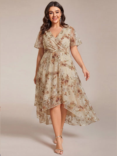 pretty LARK|Plus Size Chiffon Short Sleeves Pleated V-Neck A-Line Midi Wedding Guest Dress