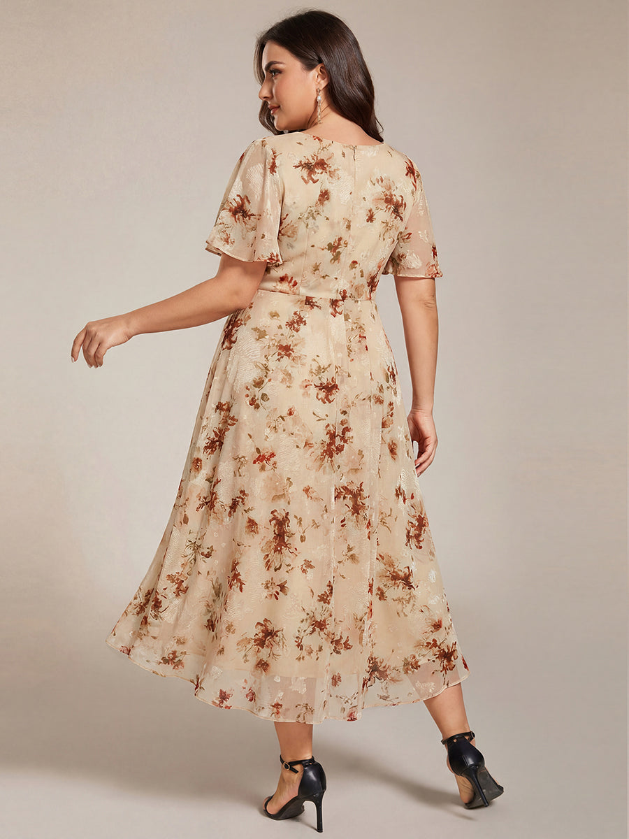 Plus Size Chiffon Short Sleeves Pleated V-Neck A-Line Midi Wedding Guest Dress #color_Champagne Print