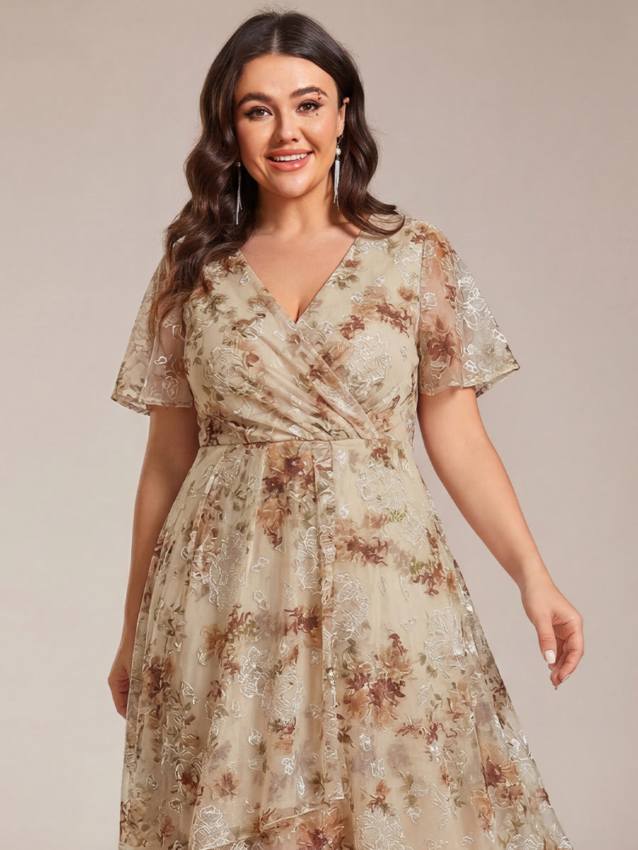 Deep V-Neck Chiffon Ruffle Sleeve Wedding Guest Dress #color_Champagne Print