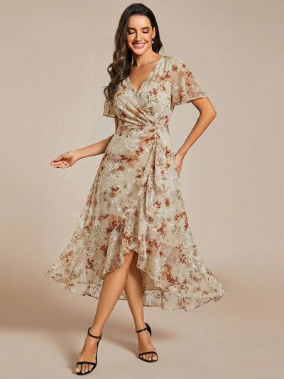 Deep V-Neck Chiffon Ruffle Sleeve Wedding Guest Dress #color_Champagne Print