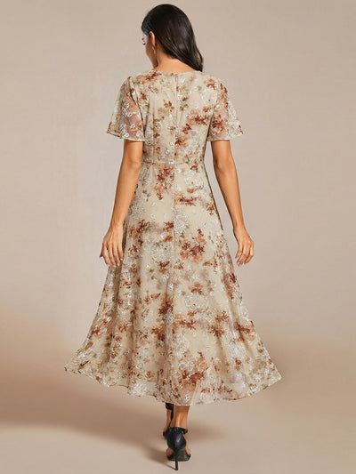 Deep V-Neck Chiffon Ruffle Sleeve Wedding Guest Dress #color_Champagne Print