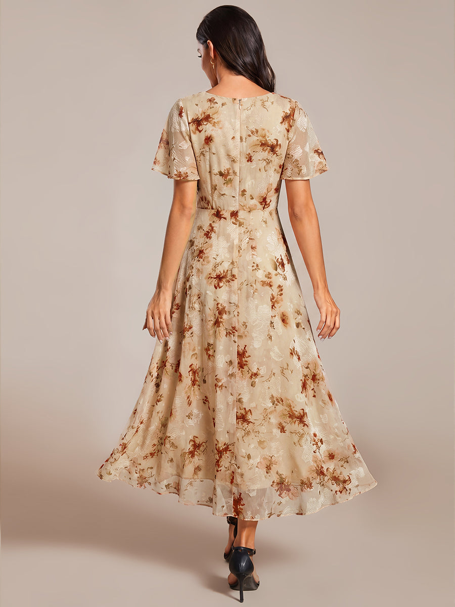 Deep V-Neck Chiffon Ruffle Sleeve Wedding Guest Dress #color_Champagne Print