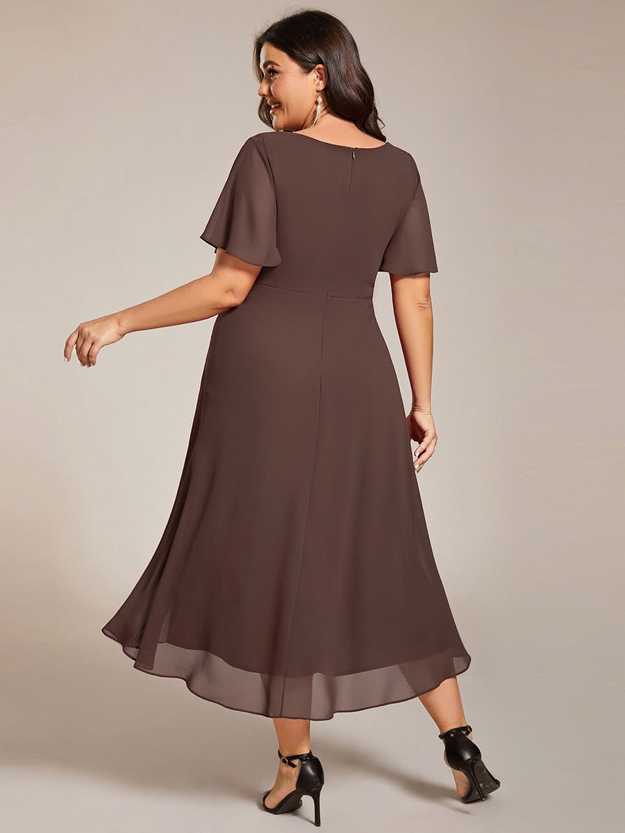 Plus Size Ruffle Pleated Chiffon Tie-Waist Evening Dress #color_Espresso