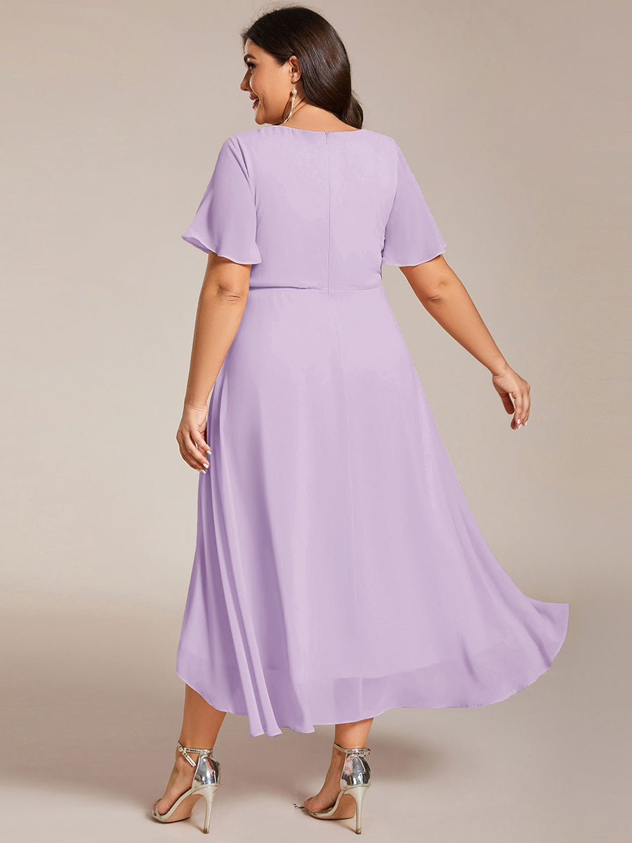 Deep V-Neck Chiffon Ruffle Sleeve Wedding Guest Dress #color_Frosted Lilac