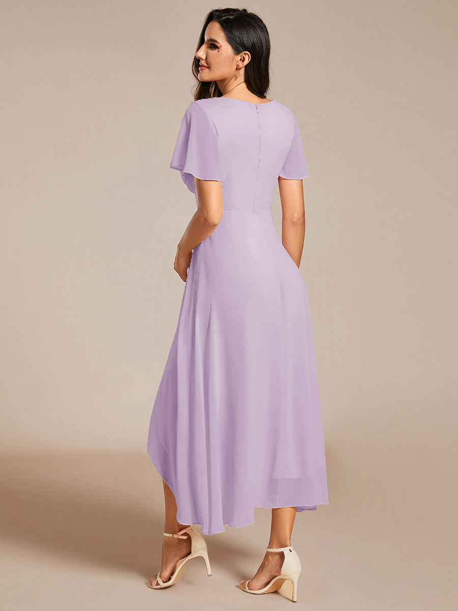 Deep V-Neck Chiffon Ruffle Sleeve Wedding Guest Dress #color_Frosted Lilac