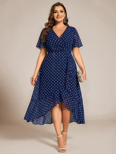 Plus Size Chiffon Short Sleeves Pleated V-Neck A-Line Midi Wedding Guest Dress #color_Navy Blue Polka Dots