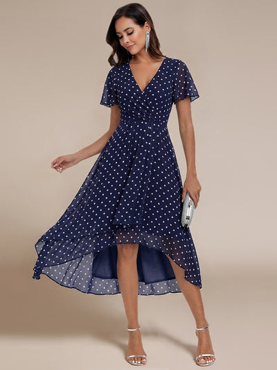 Deep V-Neck Chiffon Ruffle Sleeve Wedding Guest Dress #color_Navy Blue Polka Dots