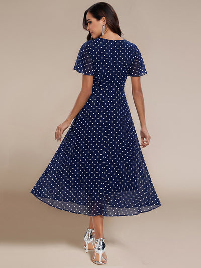 Deep V-Neck Chiffon Ruffle Sleeve Wedding Guest Dress #color_Navy Blue Polka Dots