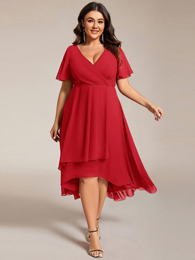Plus Size Chiffon Short Sleeves Pleated V-Neck A-Line Midi Wedding Guest Dress #color_Red