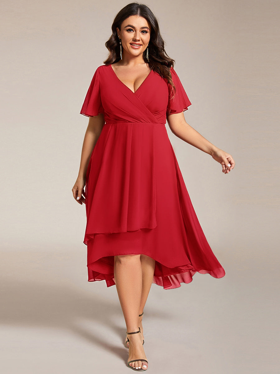 Deep V-Neck Chiffon Ruffle Sleeve Wedding Guest Dress #color_Red