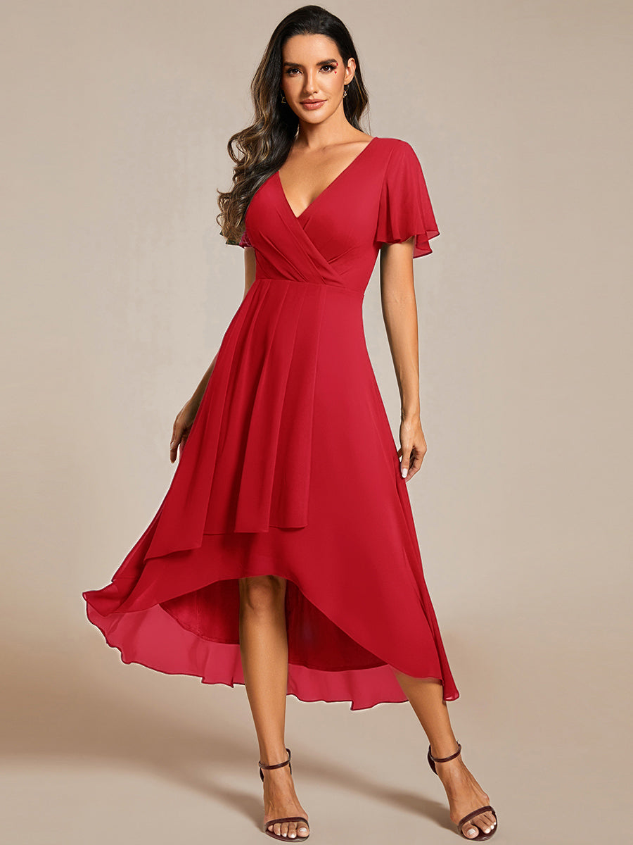 Flowy Ruffles Sleeve V-Neck A-Line Midi Chiffon Wedding Guest Dress #color_Red