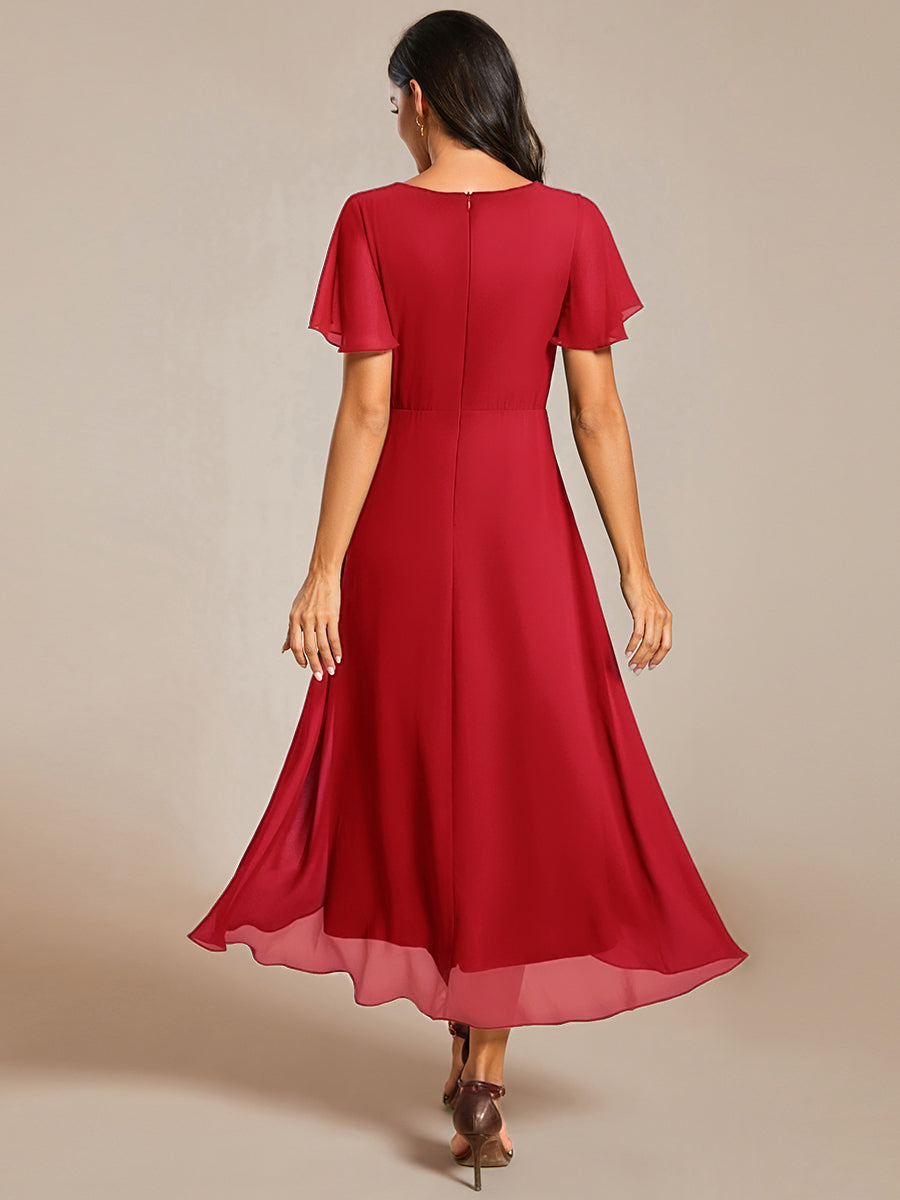Flowy Ruffles Sleeve V-Neck A-Line Midi Chiffon Wedding Guest Dress #color_Red