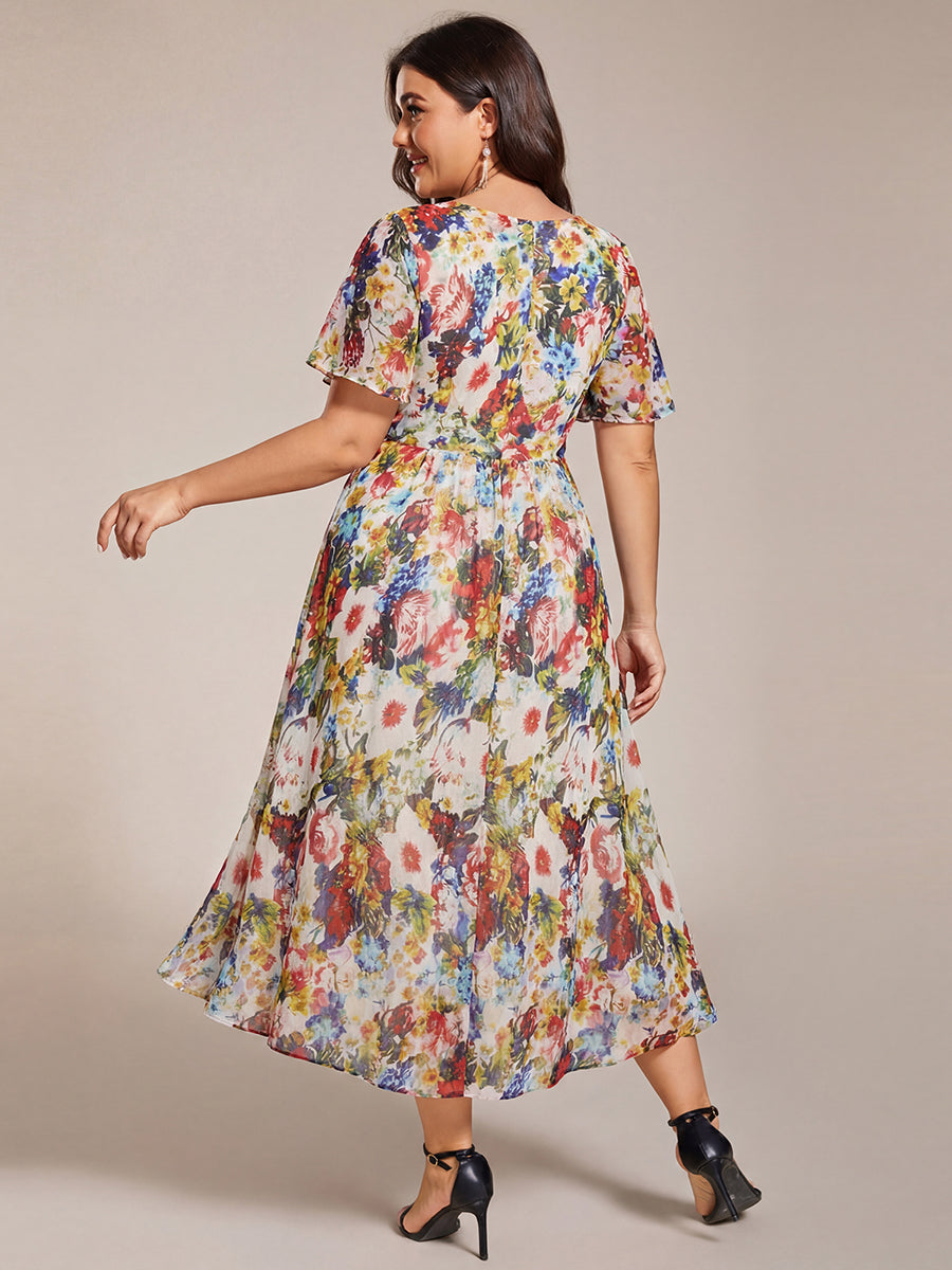 Deep V-Neck Chiffon Ruffle Sleeve Wedding Guest Dress #color_Printed Cream