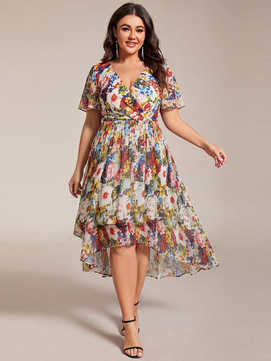 Deep V-Neck Chiffon Ruffle Sleeve Wedding Guest Dress #color_Printed Cream