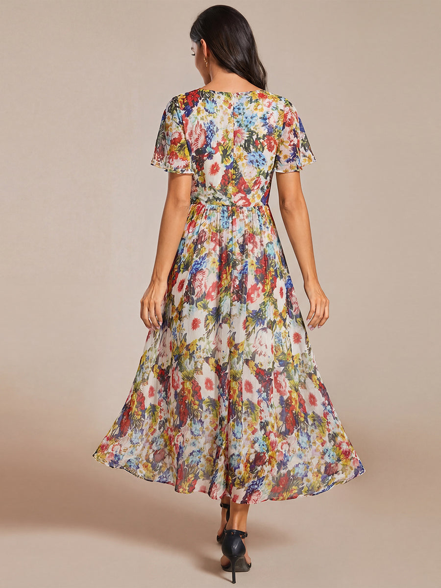 Deep V-Neck Chiffon Ruffle Sleeve Wedding Guest Dress #color_Printed Cream