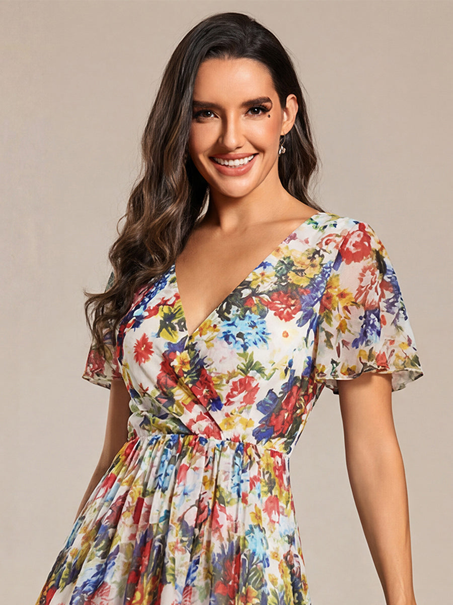 Deep V-Neck Chiffon Ruffle Sleeve Wedding Guest Dress #color_Printed Cream