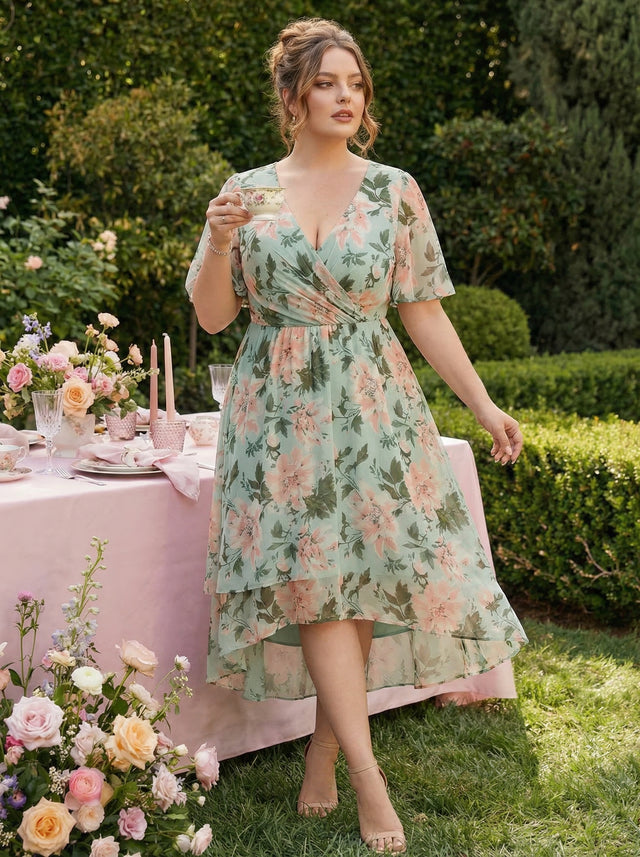 Deep V-Neck Chiffon Ruffle Sleeve Wedding Guest Dress Fan Photos 1
