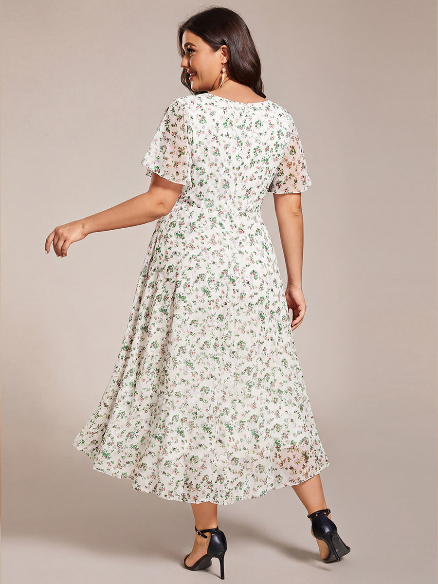 Deep V-Neck Chiffon Ruffle Sleeve Wedding Guest Dress #color_White Floral