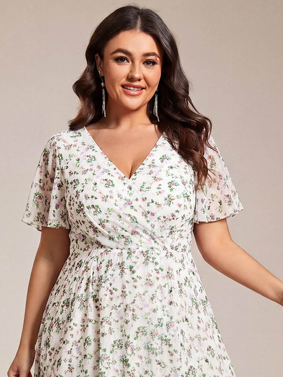 Deep V-Neck Chiffon Ruffle Sleeve Wedding Guest Dress #color_White Floral