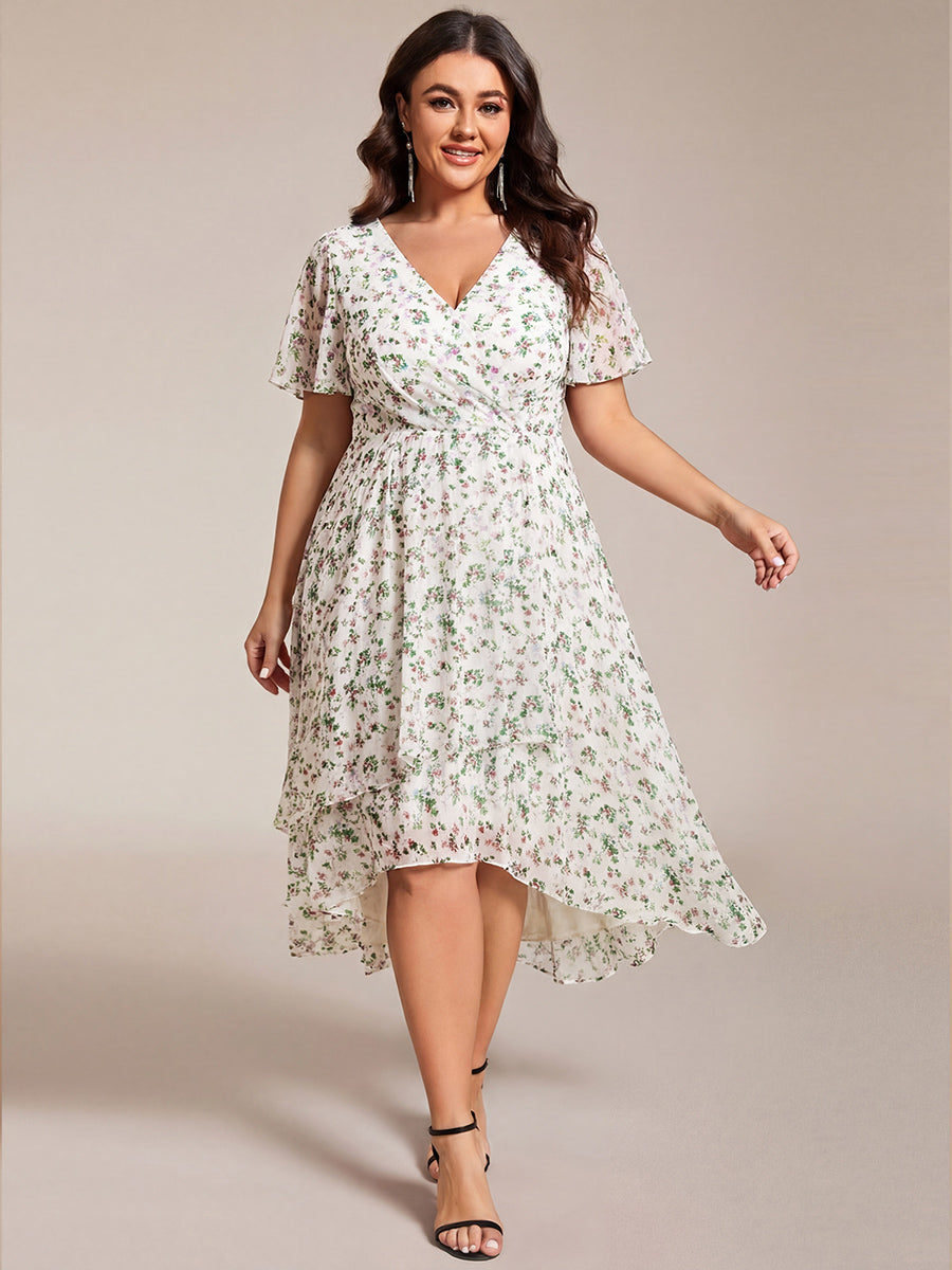Deep V-Neck Chiffon Ruffle Sleeve Wedding Guest Dress #color_White Floral