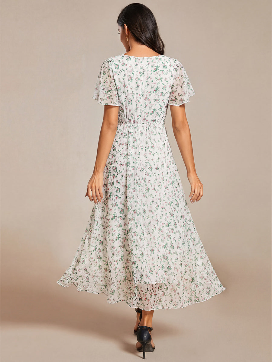 Deep V-Neck Chiffon Ruffle Sleeve Wedding Guest Dress #color_White Floral