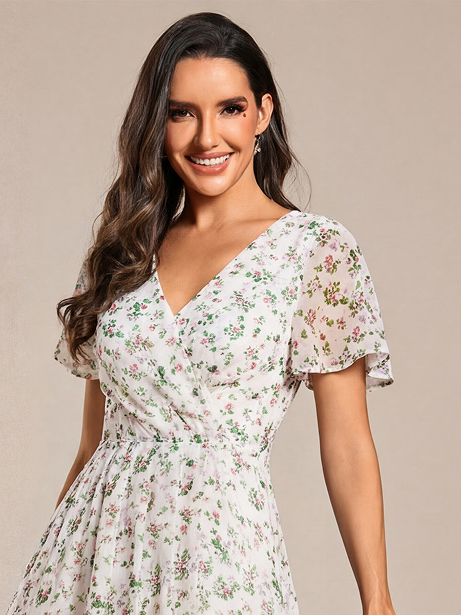 Deep V-Neck Chiffon Ruffle Sleeve Wedding Guest Dress #color_White Floral