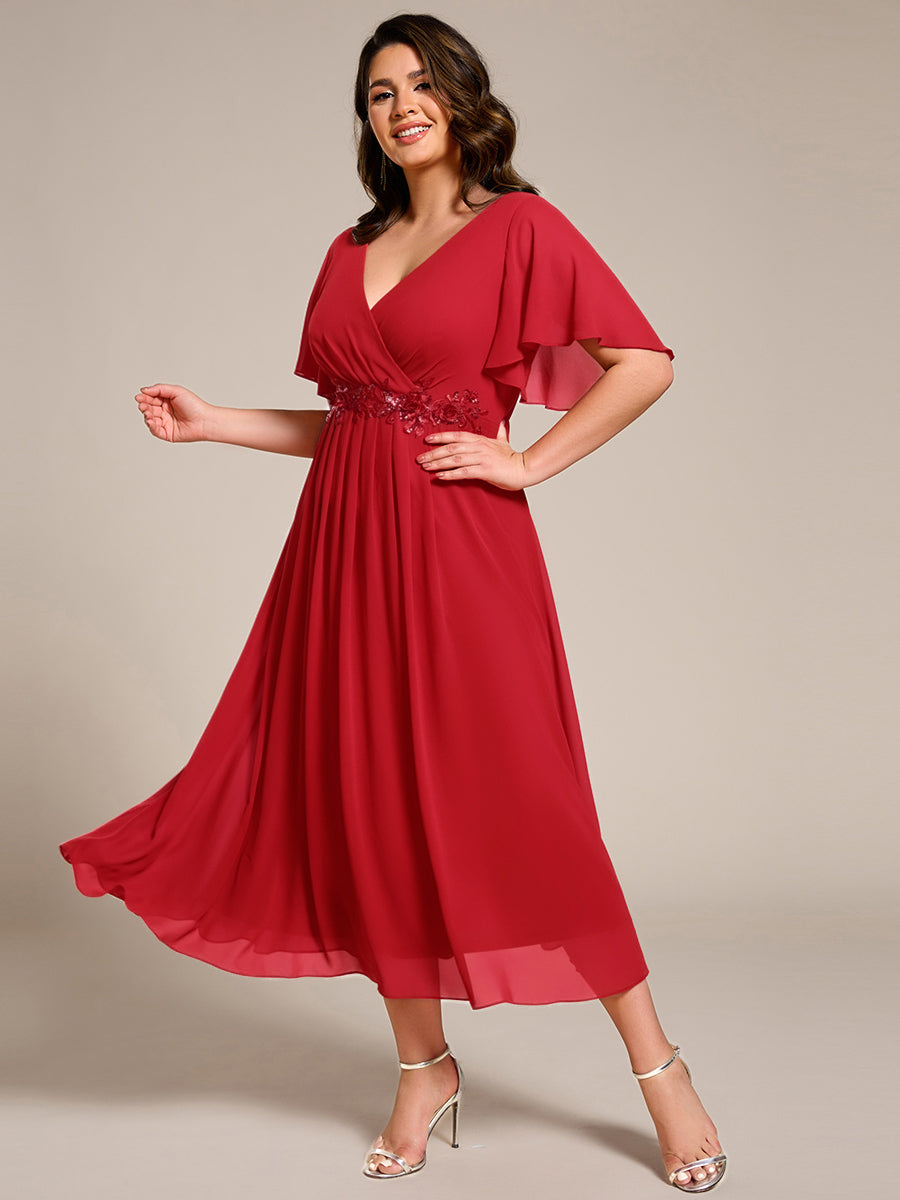 Plus Size Elegant Short Sleeves V-Neck Floral Applique Wedding Guest Dress #color_Red