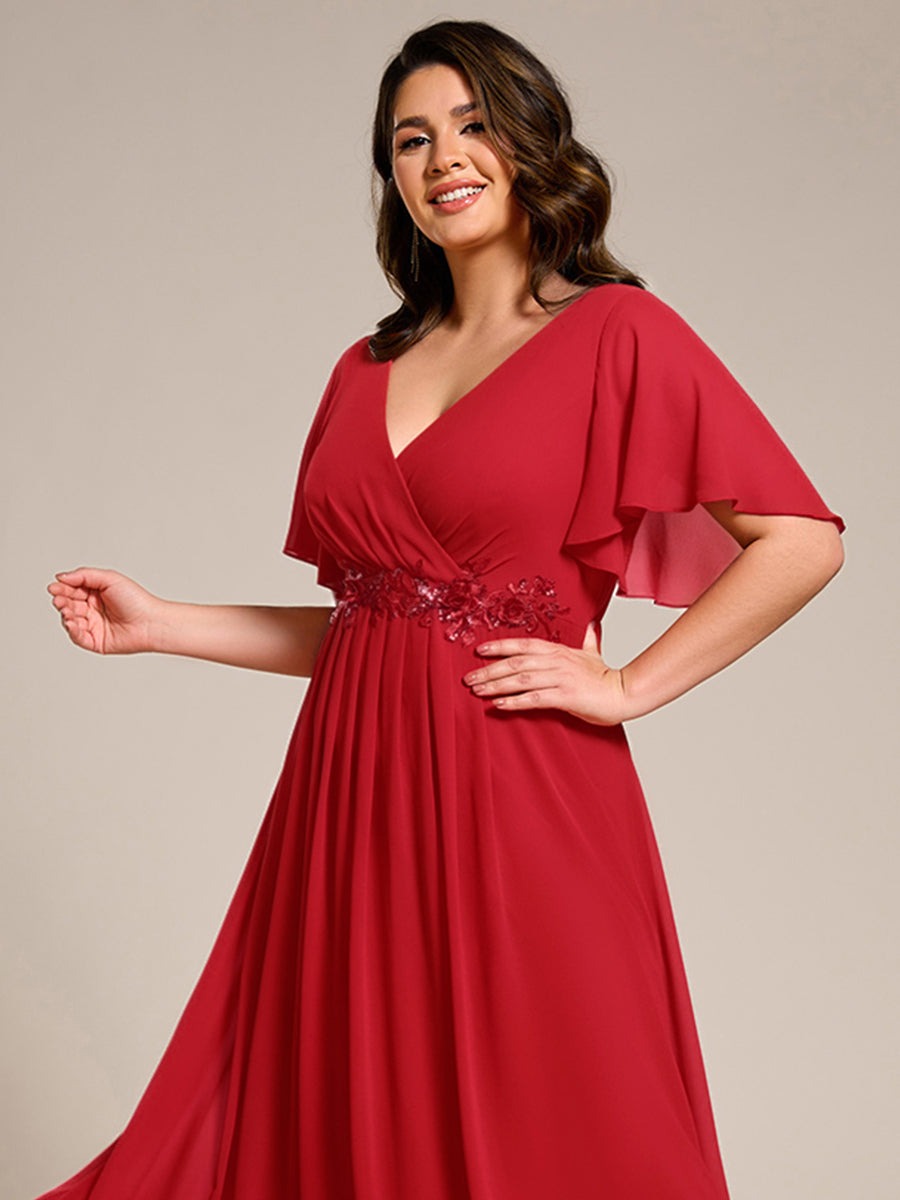 Plus Size Elegant Short Sleeves V-Neck Floral Applique Wedding Guest Dress #color_Red