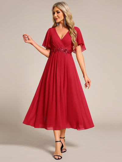 Short Sleeves V-Neck Tea Length Wedding Guest Dress with Floral Applique #color_Red
