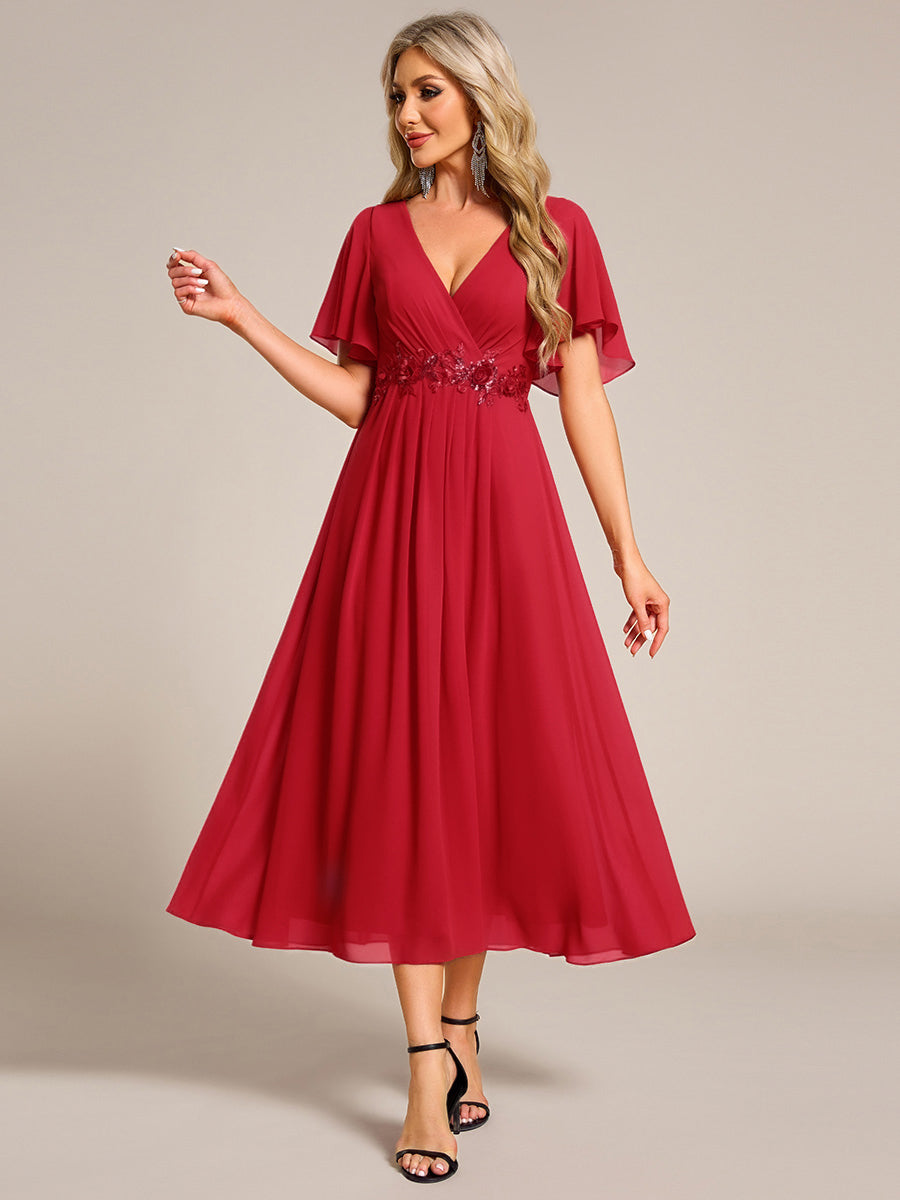 Short Sleeves V-Neck Tea Length Wedding Guest Dress with Floral Applique #color_Red